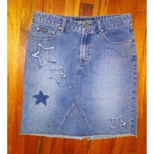 Squeeze Stephen Hardy Denim pencil Skirt patchwork stars 11/12 Stars blue raw